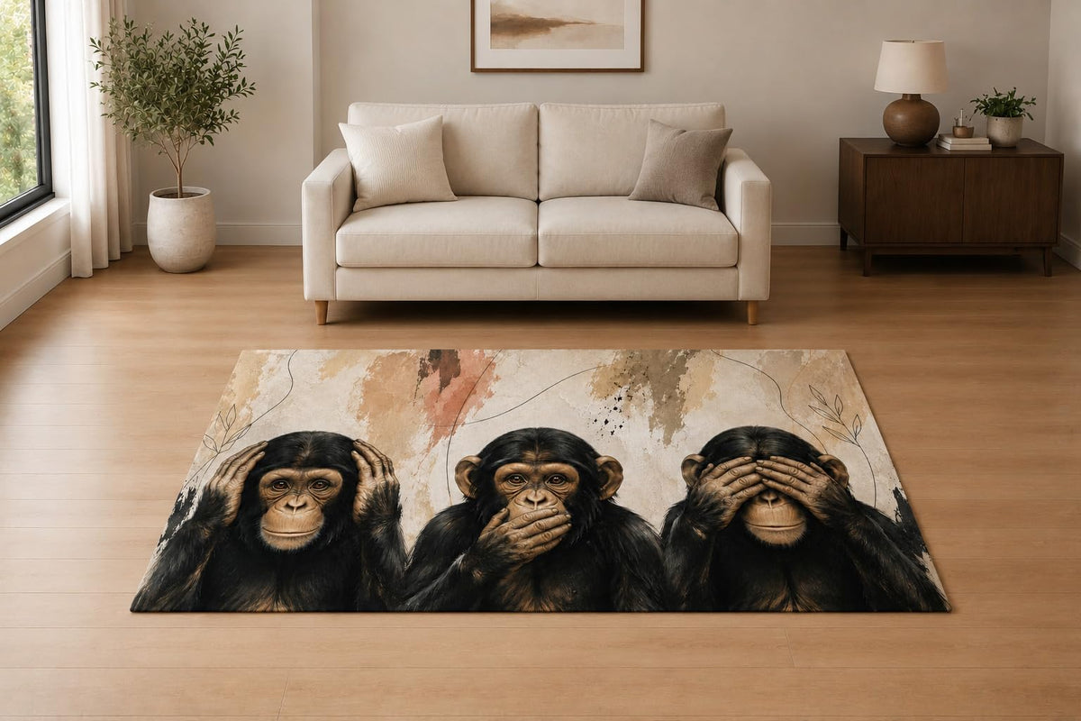 ICE ARMOR "Ultra Light Weight 5' x 7' Wise Chimpanzee Trio Area Rug for Living Room, Bedroom and Home Office, Soft Low Pile Carpet with Non-Slip Silicone Backing, Black and Beige
