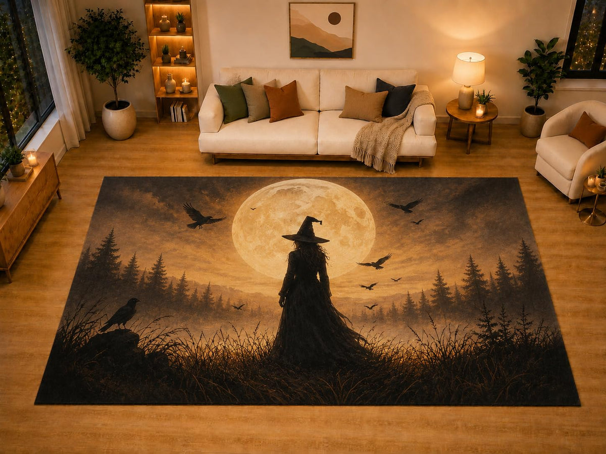 ICE ARMOR "Ultra Light Weight Large 6'7" x 9'10" Witch Silhouette Full Moon Area Rug for Living Room Bedroom, Soft Low Pile Non-Slip Backing, Black Orange Raven Halloween Decor