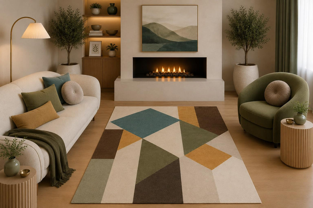 ICE ARMOR 5' x 7' Modern Geometric Area Rug Abstract Teal Olive Mustard Brown Polygon Design for Living Room Bedroom Dining Room Office Non-Slip Silicone Backing Low Pile