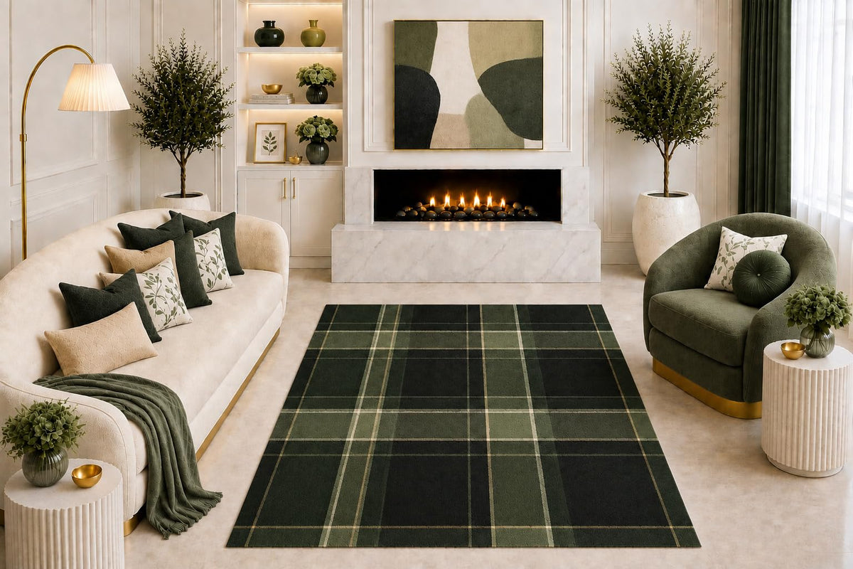 ICE ARMOR "Ultra Light Weight 5' x 7' Dark Green Black Plaid Area Rug Classic Tartan Check Pattern Living Room Bedroom Office Home Decor Non-Slip Silicone Backing Low Pile