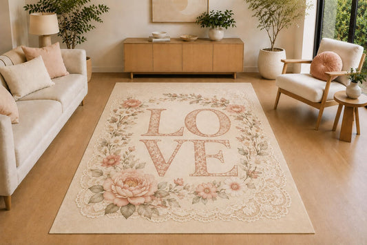 ICE ARMOR 5' x 7' Vintage Lace Floral Love Area Rug, Soft Low Pile Indoor Rug with Non-Slip Silicone Backing for Living Room, Bedroom, Dining Room, Family Room, Cream Blush Pink