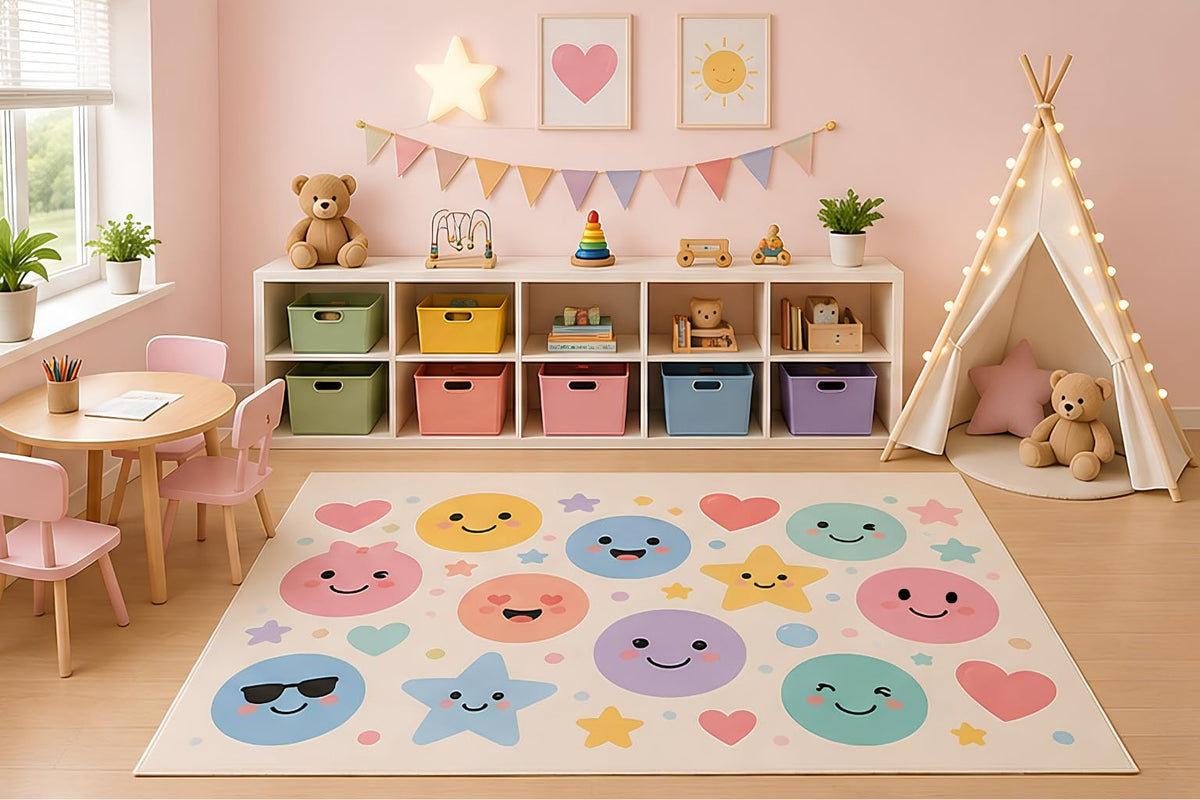 ICE ARMOR 5' x 7' Smiley Faces Area Rug for Kids Playroom Nursery Bedroom, Happy Emoji Hearts Stars Kawaii Pastel Cartoon Decor, Non-Slip Silicone Backing Low Pile