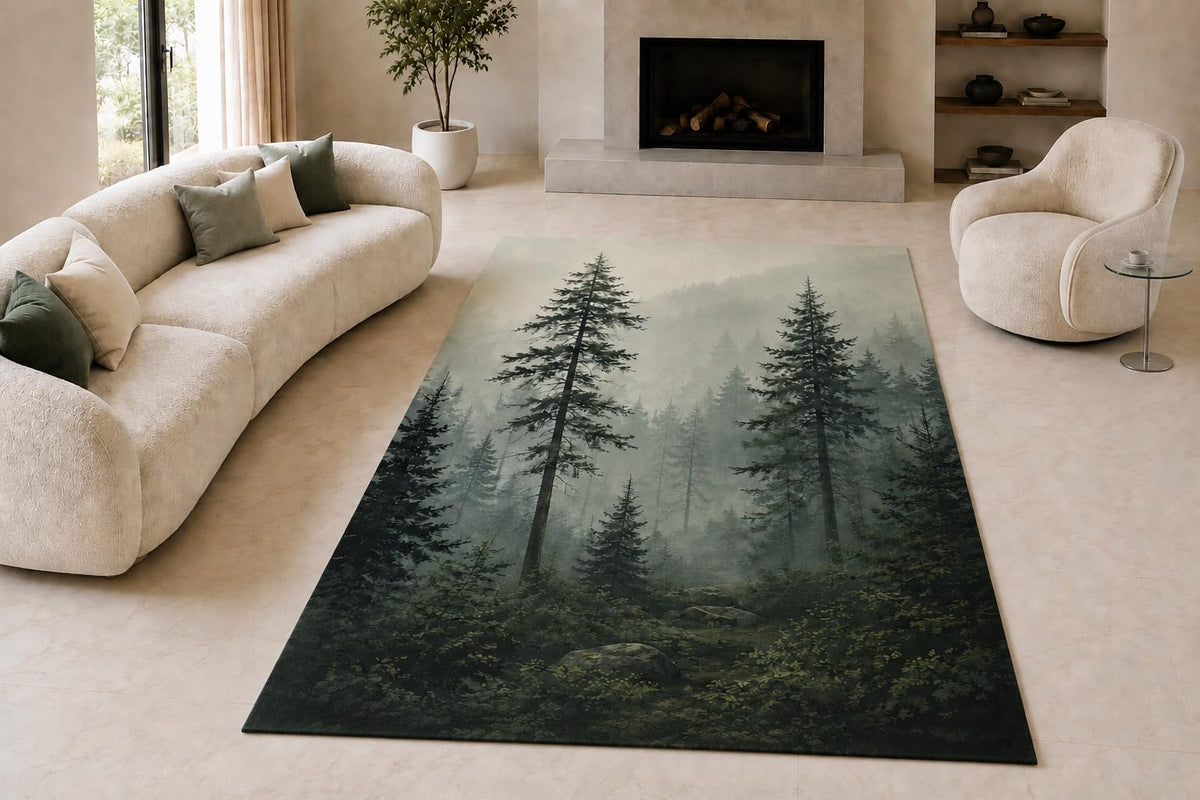 ICE ARMOR "Ultra Lightweight Large 6'7" x 9'10" Misty Pine Woods Area Rug for Living Room, Bedroom and Home Office, Soft Low Pile Carpet with Non-Slip Silicone Backing, Sage and Charcoal