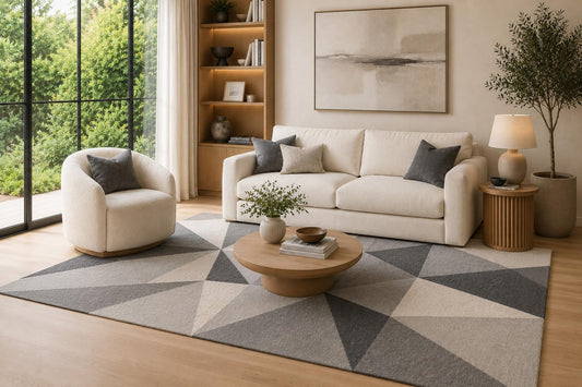 ICE ARMOR 6'7" x 9'10" Gray, Taupe and Cream Faceted Triangle Forms Area Rug for Living Room, Soft Low Pile Carpet with Non-Slip Backing, Floor Decor for Bedroom, Dining Room and Home Office