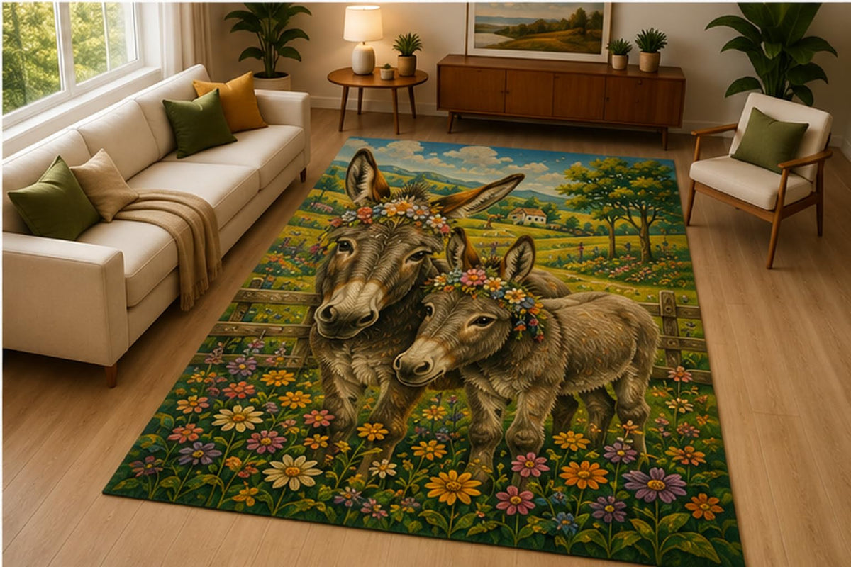 ICE ARMOR 5' x 7' Donkey Country Meadow Area Rug Soft Low Pile Indoor Rug with Non Slip Silicone Backing Farmhouse Animal Decor Carpet for Living Room Bedroom Family Room Kids and Pets Green