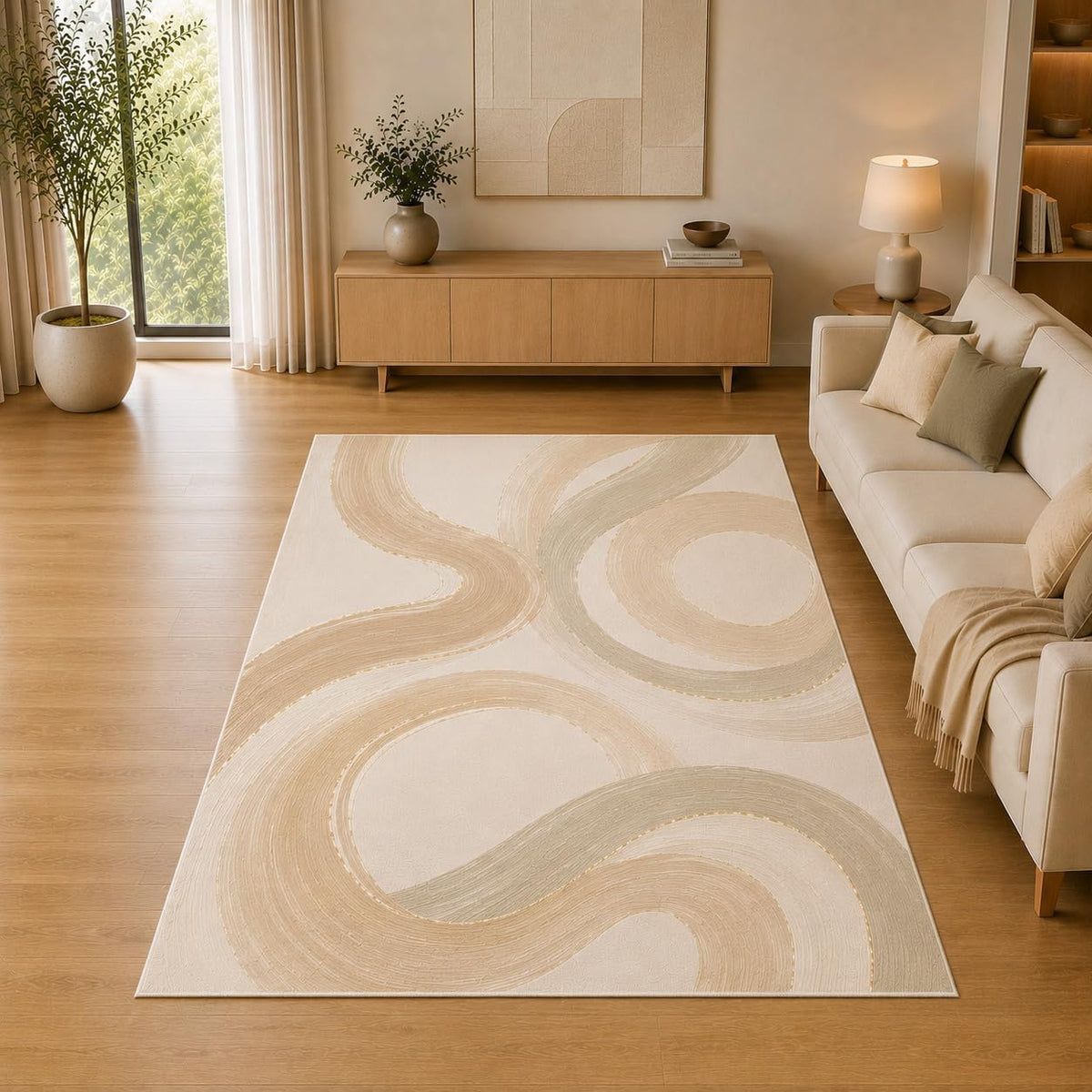 ICE ARMOR 5' x 7' Abstract Curved Brushstroke Area Rug for Living Room, Soft Low Pile Indoor Rug with Non-Slip Silicone Backing, Decorative Carpet for Bedroom, Office, Family Room, Sage Green