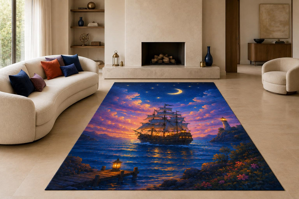 ICE ARMOR "Ultra Lightweight Large 6'7" x 9'10" Moonlit Sailing Ship Area Rug for Living Room, Bedroom and Home Office, Soft Low Pile Carpet with Non-Slip Silicone Backing, Blue and Orange