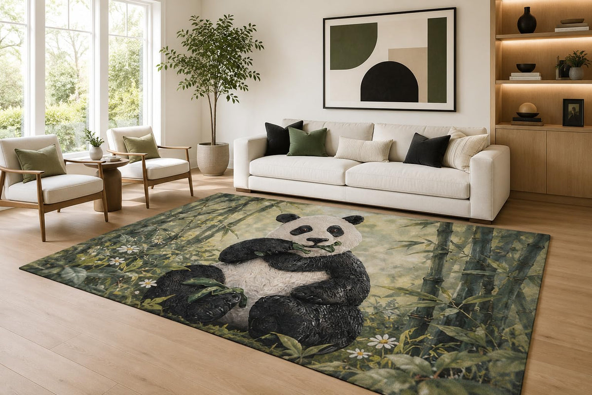 ICE ARMOR Large 6'7" x 9'10" Black and White Panda Family Area Rug for Living Room, Soft Low Pile Carpet with Non-Slip Silicone Backing, Decor for Bedroom and Home Office