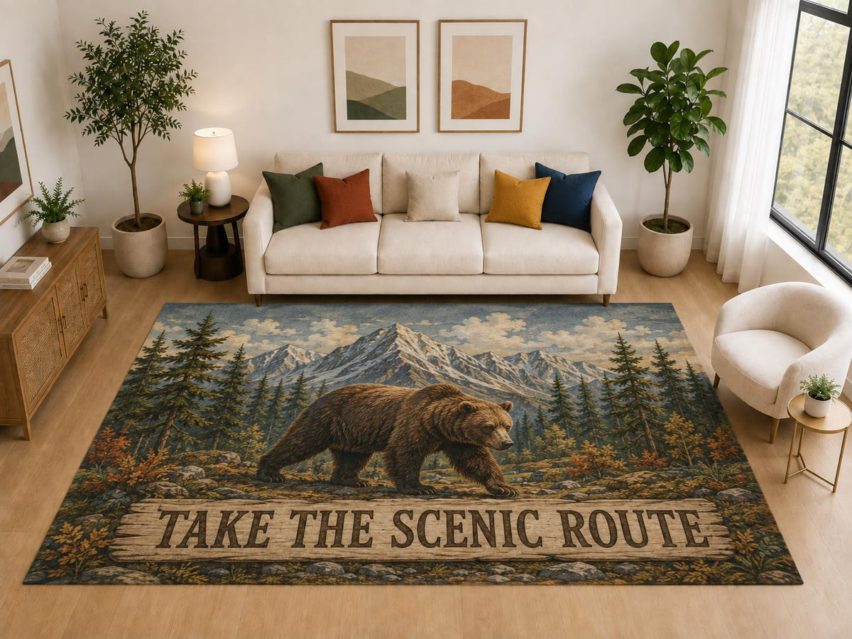 ICE ARMOR "Ultra Light Weight Large 6'7" x 9'10" Scenic Bear Mountain Rug, Soft Low Pile Indoor Rug, Non-Slip Silicone Backing for Bedroom Brown