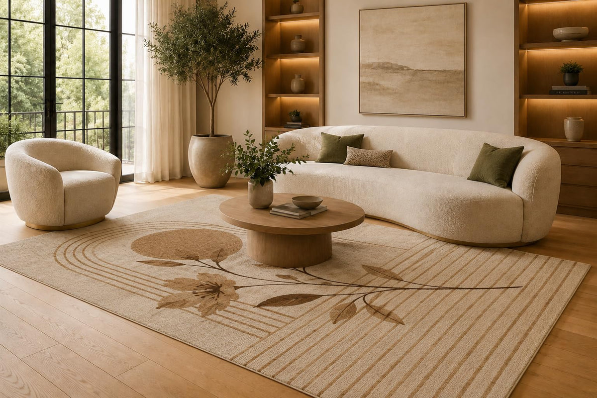 ICE ARMOR 6'7" x 9'10" Brown and Cream Concentric Floral Curves Area Rug for Living Room, Soft Low Pile Carpet with Non-Slip Silicone Backing, Floor Decor for Bedroom, Dining Area and Home Office