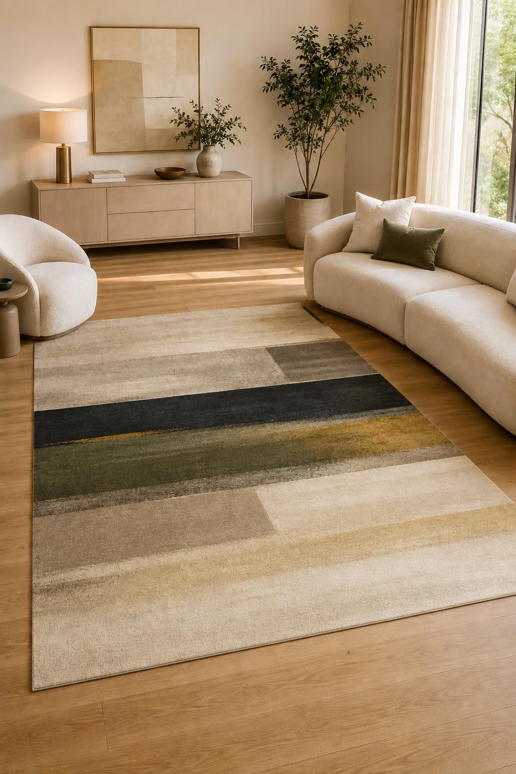 ICE ARMOR "Ultra Light Weight Large 6'7" x 9'10" Stripe Color Block Area Rug, Soft Low Pile Indoor Rug with Non-Slip Silicone Backing for Living Room Office, Beige Sage