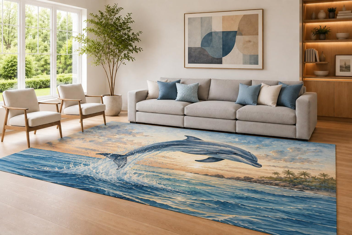 ICE ARMOR Large 6'7" x 9'10" Blue and Cream Jumping Dolphin Area Rug for Living Room, Soft Low Pile Carpet with Non-Slip Silicone Backing, Decor for Bedroom Dining Room and Home Office