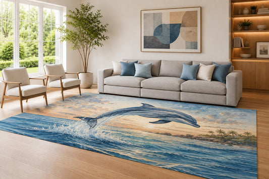 ICE ARMOR Large 6'7" x 9'10" Blue and Cream Jumping Dolphin Area Rug for Living Room, Soft Low Pile Carpet with Non-Slip Silicone Backing, Decor for Bedroom Dining Room and Home Office