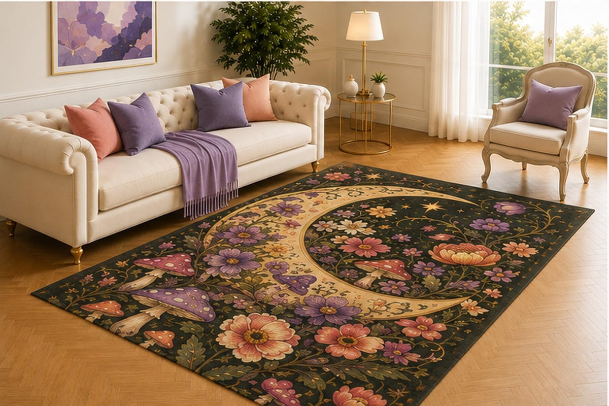ICE ARMOR 5' x 7' Crescent Moon Mushroom Garden Rug, Dark Floral Celestial Design with Wildflowers and Stars, Gothic Floor Decor for Bedroom, Lounge or Reading Nook