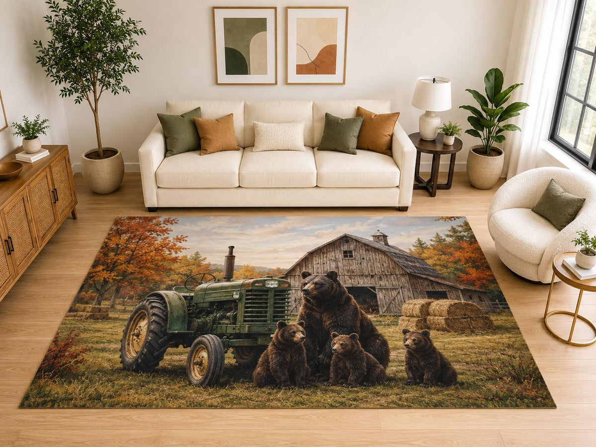 ICE ARMOR "Ultra Light Weight Large 6'7" x 9'10" Bear Tractor Farm Area Rug, Soft Low Pile Indoor Rug, Non-Slip Silicone Backing, Living Room, Brown