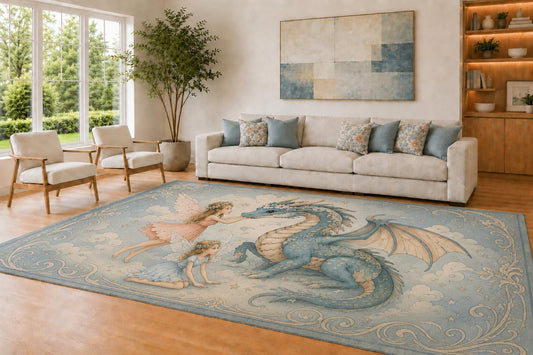ICE ARMOR Large 6'7" x 9'10" Sky Blue and Pink Fairy Dragon Area Rug for Living Room, Soft Low Pile Carpet with Non-Slip Silicone Backing, Decor for Bedroom and Home Office