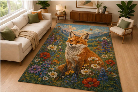 ICE ARMOR 5' x 7' Fox Wildflower Meadow Area Rug Soft Low Pile Indoor Rug with Non Slip Silicone Backing Woodland Animal Decor Carpet for Living Room Bedroom Nursery Kids Room Green
