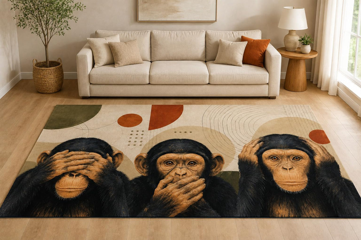ICE ARMOR "Ultra Lightweight Large 6'7" x 9'10" Curious Chimp Trio Area Rug for Living Room, Bedroom and Home Office, Soft Low Pile Carpet with Non-Slip Silicone Backing, Brown and Beige