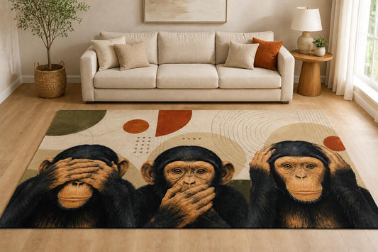 ICE ARMOR "Ultra Lightweight Large 6'7" x 9'10" Curious Chimp Trio Area Rug for Living Room, Bedroom and Home Office, Soft Low Pile Carpet with Non-Slip Silicone Backing, Brown and Beige