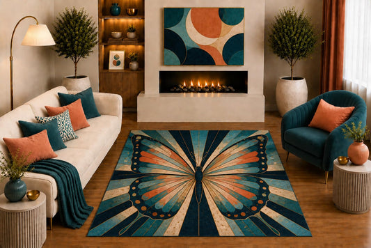 ICE ARMOR "Ultra Light Weight 5' x 7' Butterfly Area Rug Art Deco Geometric Insect Art in Teal Coral Cream for Living Room Bedroom Office Decor Non-Slip Silicone Backing Low Pile