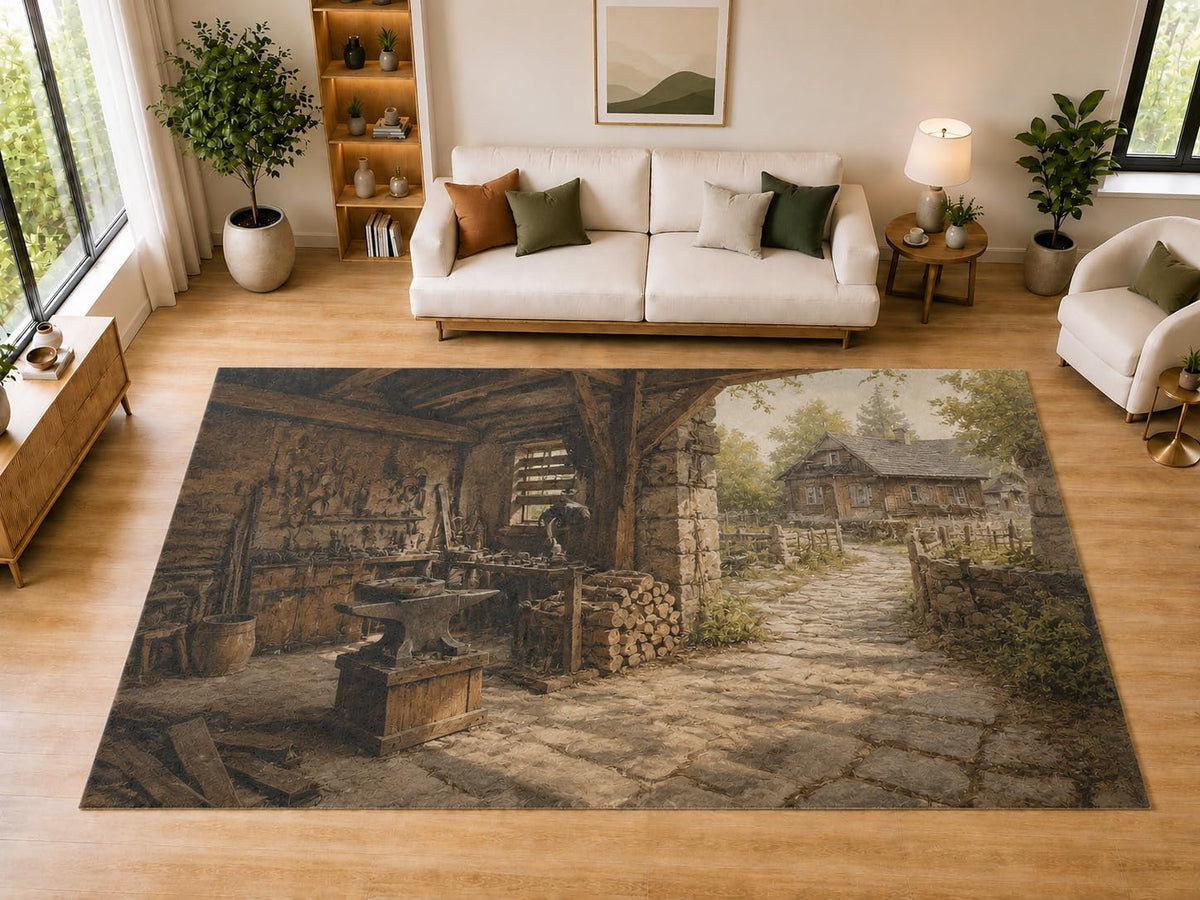 ICE ARMOR "Ultra Light Weight Large 6'7" x 9'10" Rustic Blacksmith Workshop Village Area Rug for Living Room, Bedroom, Dining Room, Soft Low Pile Non-Slip Backing, Brown Beige