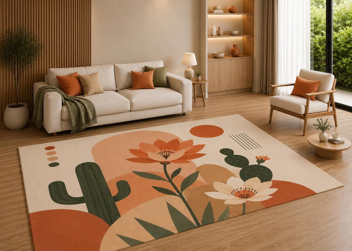 ICE ARMOR 5' x 7' Desert Cactus Floral Area Rug with Non-Slip Silicone Backing Low Pile Soft Carpet for Living Room Bedroom Boho Southwest Botanical Decor