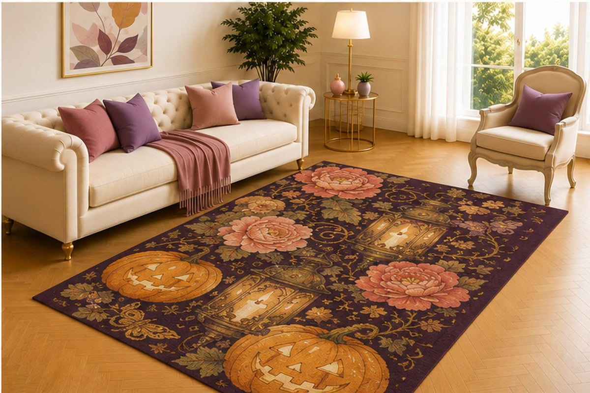 ICE ARMOR 5' x 7' Halloween Pumpkin Rose Rug, Plum Background with Jack O Lanterns and Antique Frames, Seasonal Floor Accent for Living Room, Entryway or Bedroom