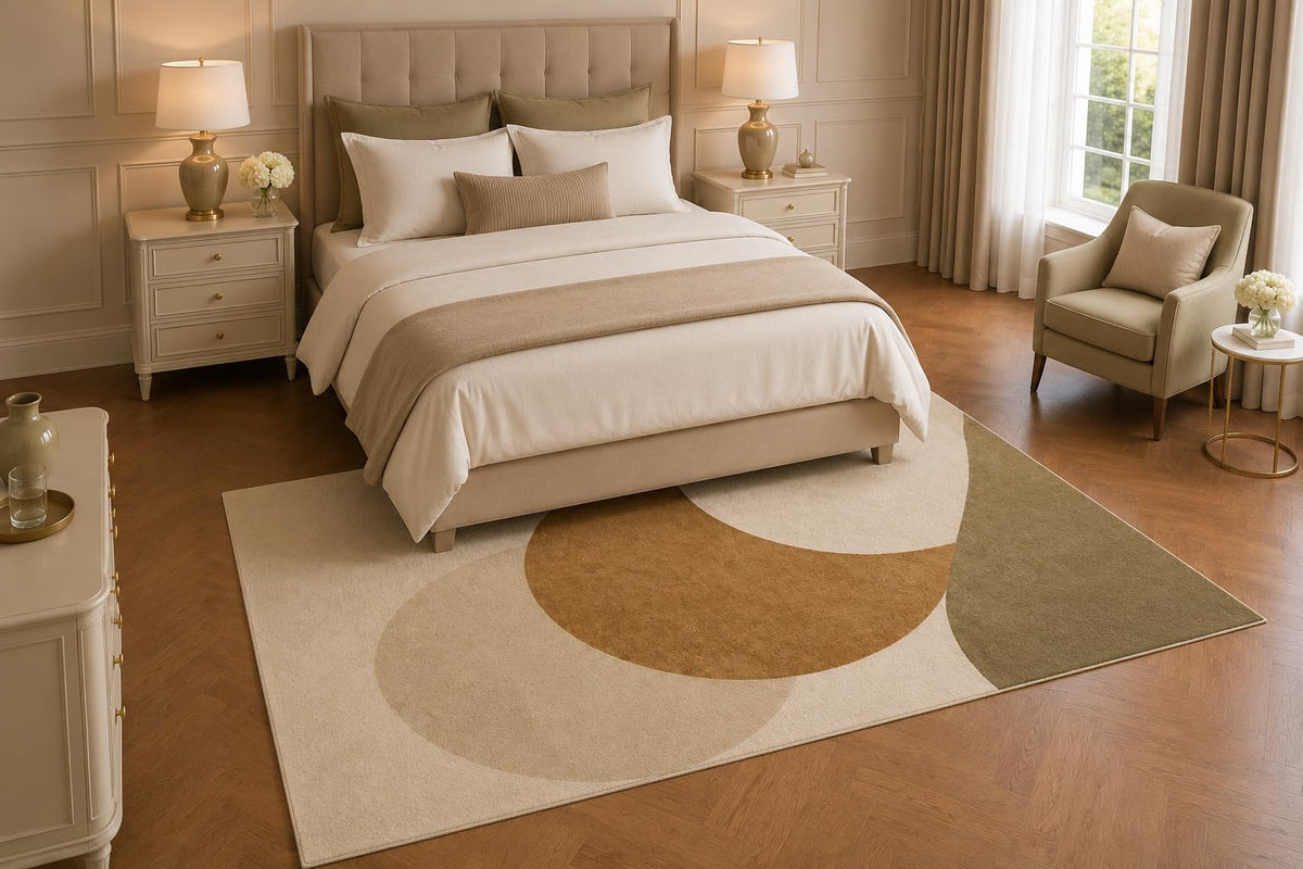 ICE ARMOR 5' x 7' Abstract Circle Area Rug, Modern Neutral Geometric Living Room Bedroom Office Decor, Non-Slip Silicone Backing Low Pile Carpet