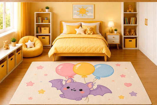 ICE ARMOR 5' x 7' Cute Baby Bat with Colorful Balloons Area Rug for Kids Bedroom Nursery Playroom Scandinavian Minimalist Kawaii Fantasy Decor Non-Slip Silicone Backing Low Pile