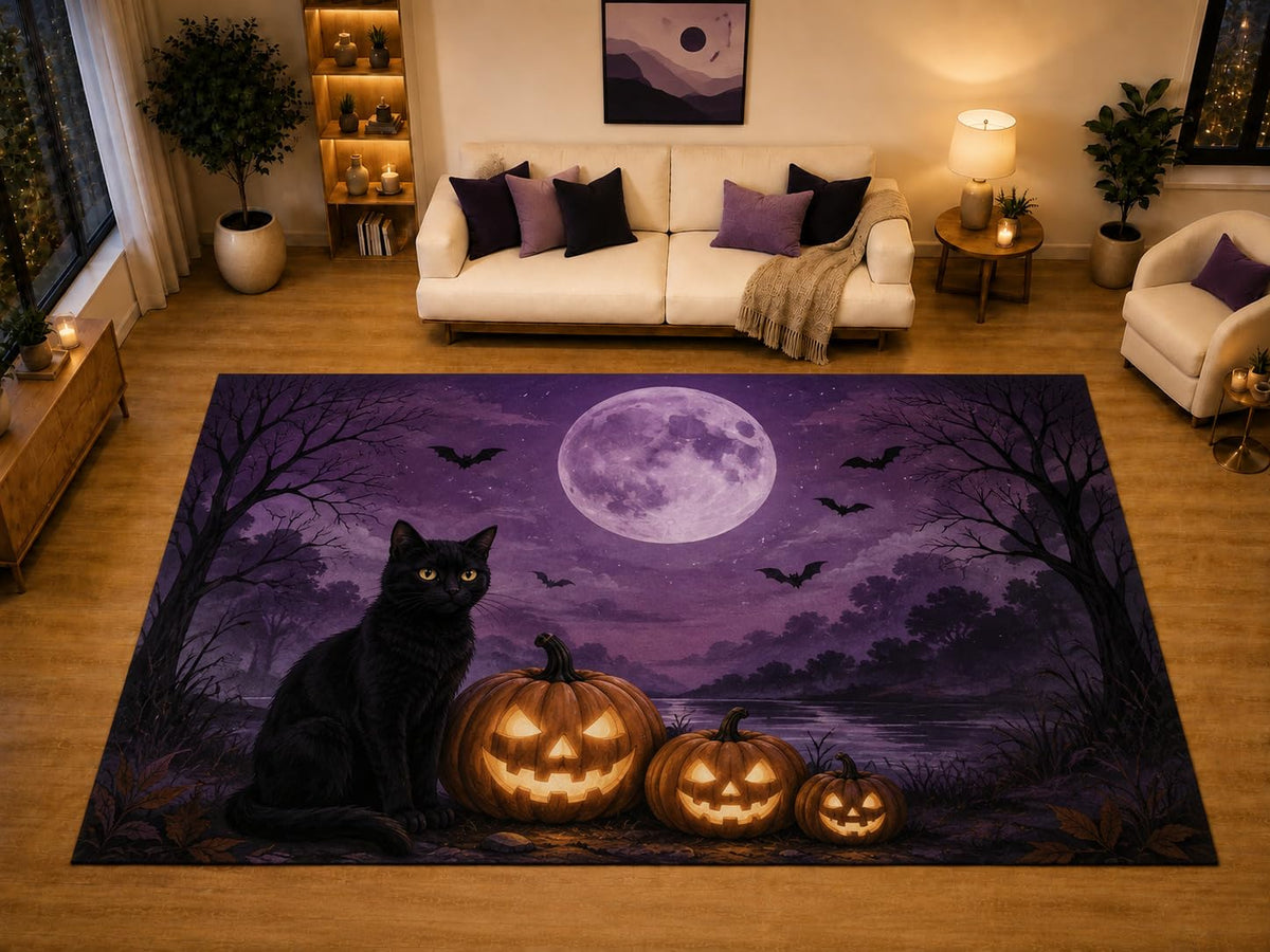 ICE ARMOR "Ultra Light Weight Large 6'7" x 9'10" Black Cat Pumpkin Moon Area Rug for Living Room Bedroom, Soft Low Pile Non-Slip Backing, Purple Orange Halloween Decor