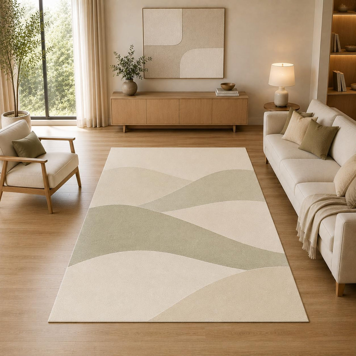 ICE ARMOR 5' x 7' Abstract Rolling Hills Area Rug for Living Room, Soft Low Pile Indoor Rug with Non-Slip Silicone Backing, Decorative Carpet for Bedroom, Office, Family Room, Sage Green
