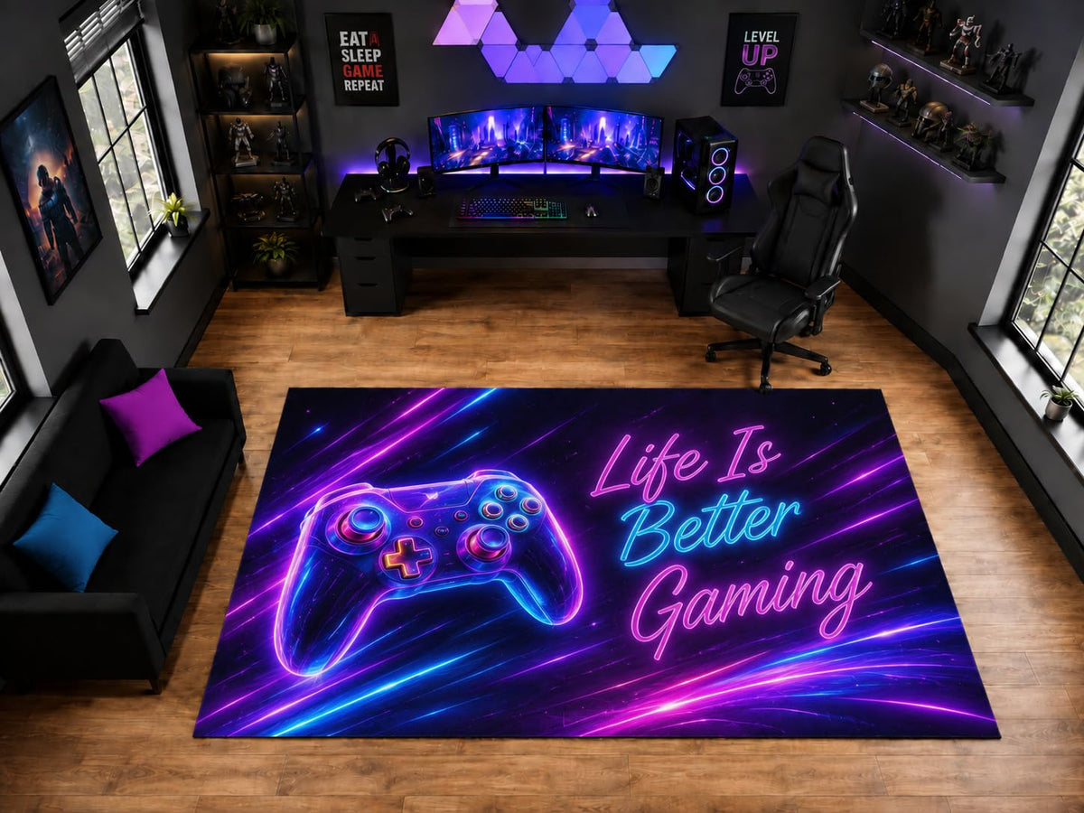 ICE ARMOR "Ultra Light Weight Large 6'7" x 9'10" Life is Better Gaming Controller Area Rug for Playroom Decor, Soft Low Pile Indoor Rug with Non-Slip Silicone Backing, Black Pink Blue