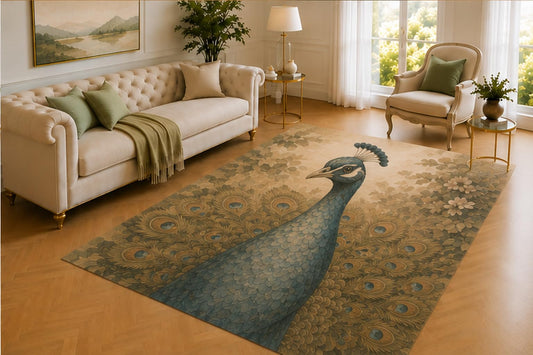 ICE ARMOR 5' x 7' Peacock Rug, Elegant Bird with Decorative Tail Feathers and Floral Garden Detail, Soft Floor Cover for Living Room, Bedroom, Office and Nature Decor
