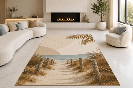 ICE ARMOR "Ultra Lightweight Large 6'7" x 9'10" Sandy Beach Path Area Rug for Living Room, Bedroom and Home Office, Soft Low Pile Carpet with Non-Slip Silicone Backing, Beige and Blue