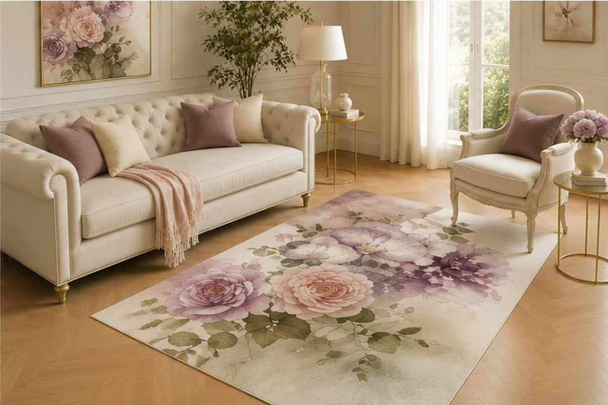 ICE ARMOR 5' x 7' Romantic Rose Bouquet Area Rug for Living Room, Soft Low Pile Indoor Carpet with Non-Slip Backing for Bedroom, Dining Room, Office, Mauve