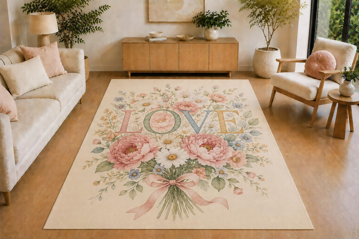ICE ARMOR 5' x 7' Peony Bouquet Love Area Rug, Soft Low Pile Indoor Rug with Non-Slip Silicone Backing for Living Room, Bedroom, Family Room, Floral Decor, Pink Cream Blue