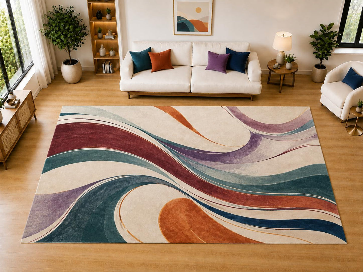 ICE ARMOR "Ultra Light Weight Large 6'7" x 9'10" Curved Stripe Area Rug for Living Room Bedroom Dining Room, Soft Low Pile Non-Slip Backing, Burgundy Teal Purple Orange Modern Geometric Decor