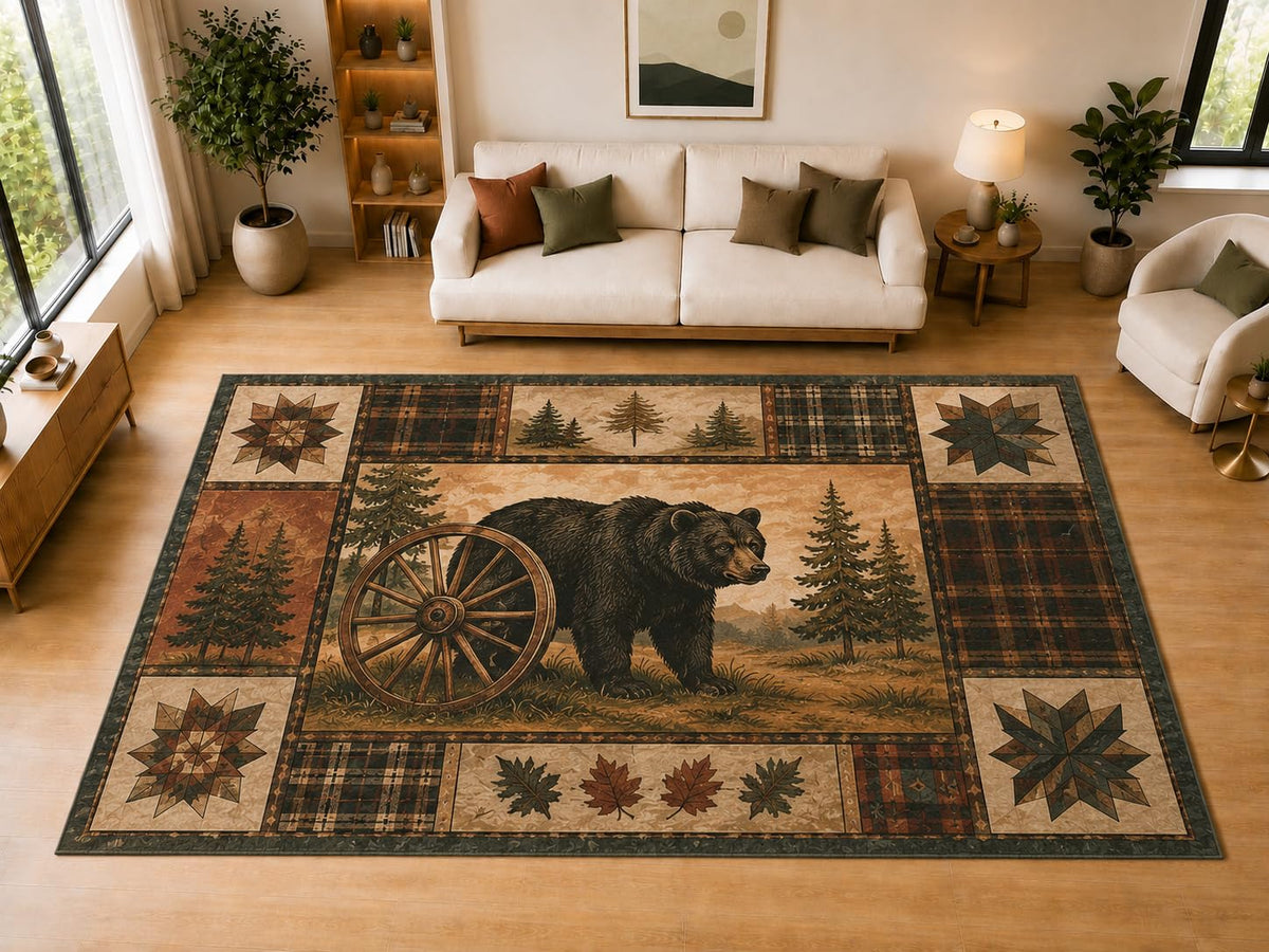 ICE ARMOR "Ultra Light Weight Large 6'7" x 9'10" Bear Wagon Wheel, Living Room, Bedroom, Dining Room, Office, Family Room, Soft Low Pile Indoor Rug, Non-Slip Silicone Backing, Brown