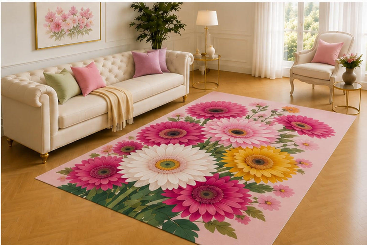 ICE ARMOR 5' x 7' Gerbera Garden Rug, Pink, White and Yellow Daisy Blooms on a Soft Rose Background, Cheerful Floral Decor for Bedroom, Nursery, Studio or Dressing Area