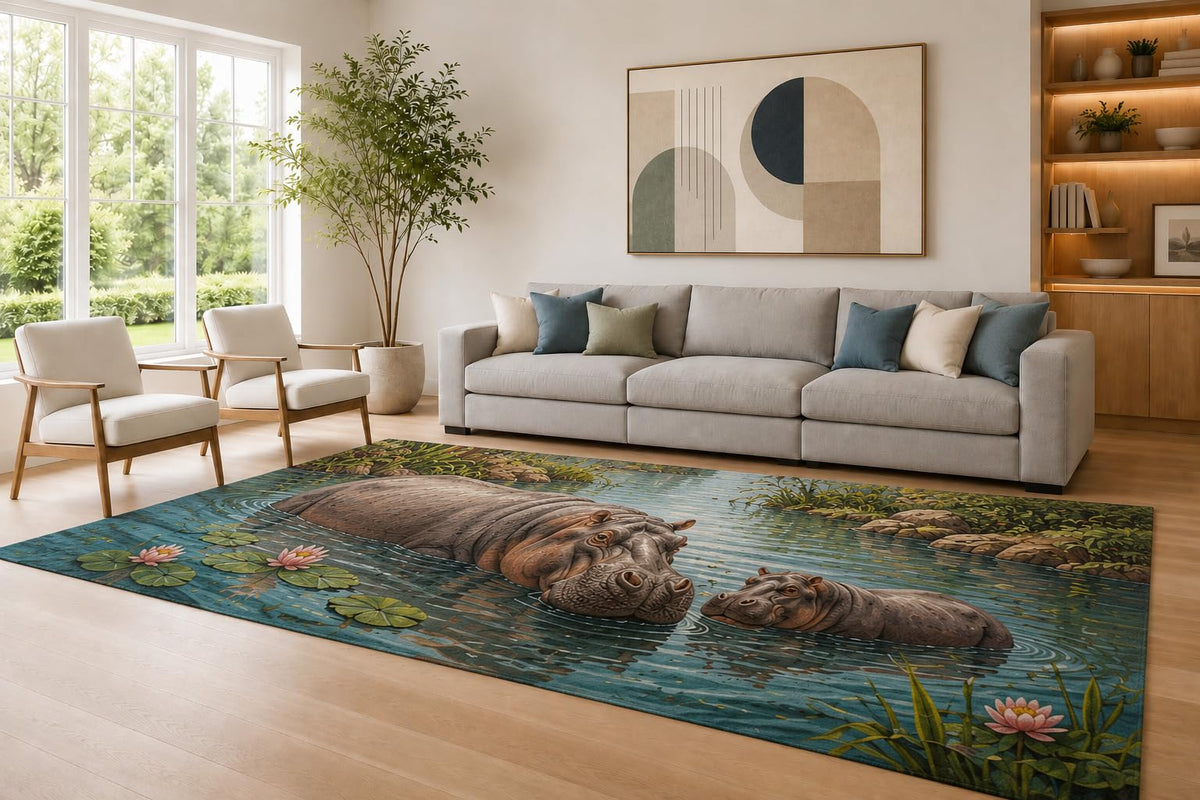 ICE ARMOR Large 6'7" x 9'10" Blue and Brown Hippo Family Area Rug for Living Room, Soft Low Pile Carpet with Non-Slip Silicone Backing, Decor for Bedroom Dining Room and Home Office