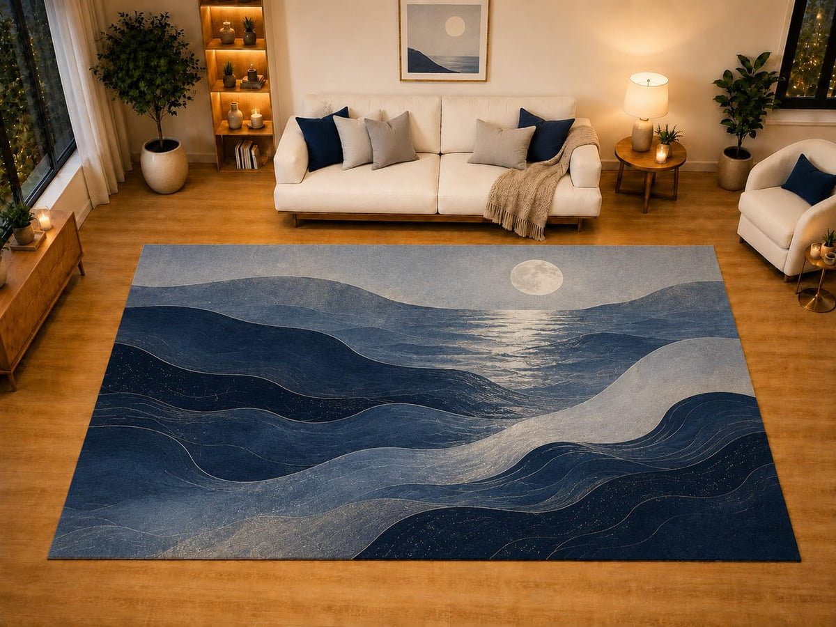 ICE ARMOR "Ultra Light Weight Large 6'7" x 9'10" Midnight Seascape Area Rug for Living Room, Bedroom, Dining Room, Soft Low Pile Non-Slip Backing, Navy Blue