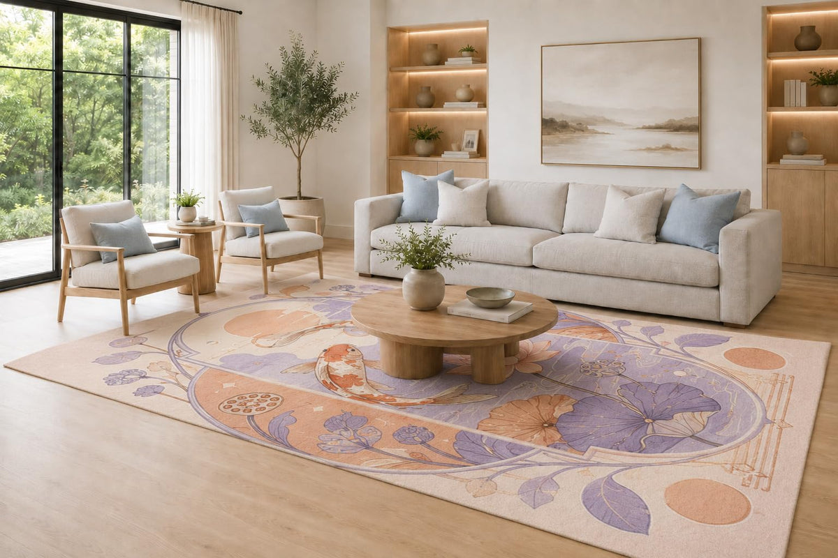 ICE ARMOR Large 6'7" x 9'10" Lavender, Peach and Cream Koi Fish Floral Medallion Area Rug for Living Room, Soft Low Pile Carpet with Non-Slip Silicone Backing, Decor for Bedroom and Dining Area