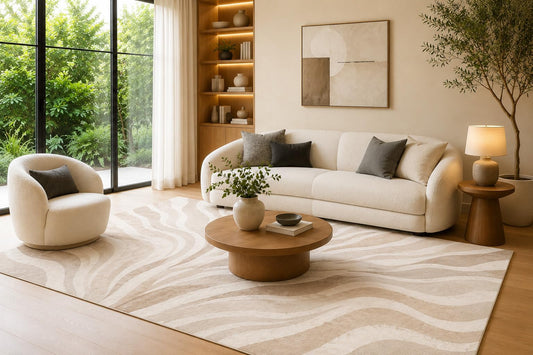 ICE ARMOR 6'7" x 9'10" Cream, Ivory and Beige Flowing Sand Lines Area Rug for Living Room, Soft Low Pile Carpet with Non-Slip Backing for Bedroom, Dining Room and Office