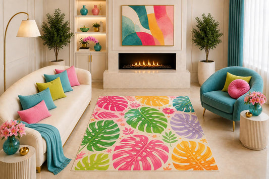 ICE ARMOR "Ultra Light Weight 5' x 7' Colorful Tropical Monstera Area Rug Bright Botanical Leaf Art Decor for Living Room Bedroom Kids Room Sunroom Non-Slip Silicone Backing Low Pile