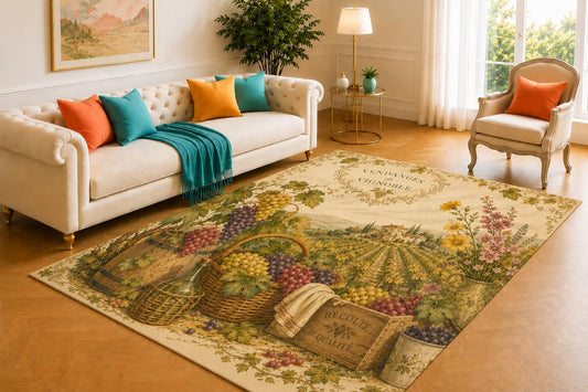 ICE ARMOR 5' x 7' Vintage Vineyard Harvest Scene Area Rug for Living Room, Soft Low Pile Carpet with Non-Slip Silicone Backing for Bedroom, Dining Room, Office, Kids and Pets
