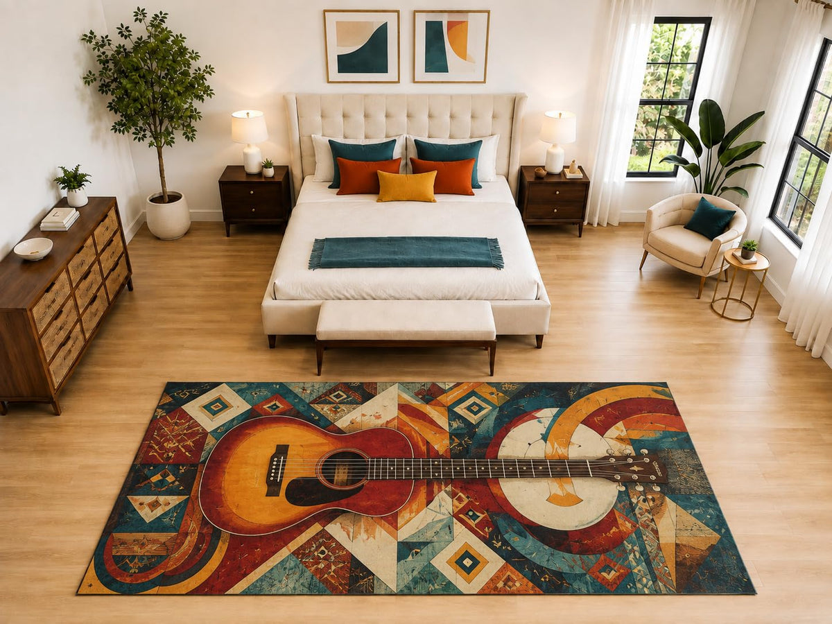 ICE ARMOR "Ultra Light Weight Large 6'7" x 9'10" Boho Acoustic Guitar Rug, Soft Low Pile Indoor Rug, Non-Slip Silicone Backing for Bedroom Orange
