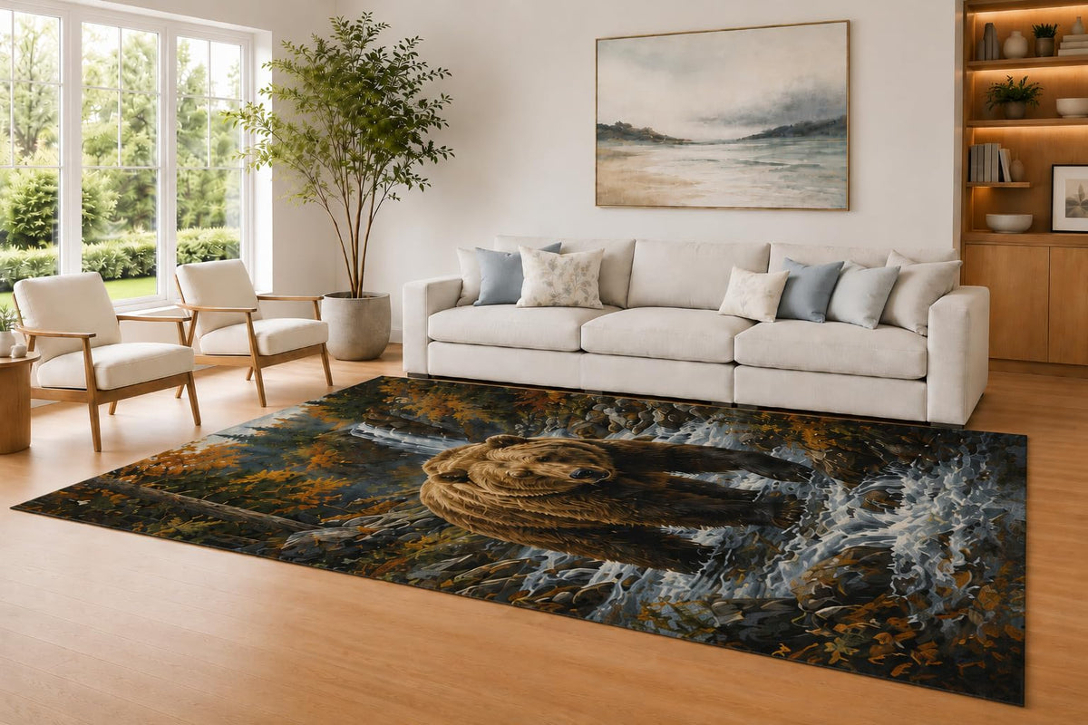 ICE ARMOR Large 6'7" x 9'10" Black and Brown River Bear Area Rug for Living Room, Soft Low Pile Carpet with Non-Slip Silicone Backing, Decor for Bedroom and Home Office