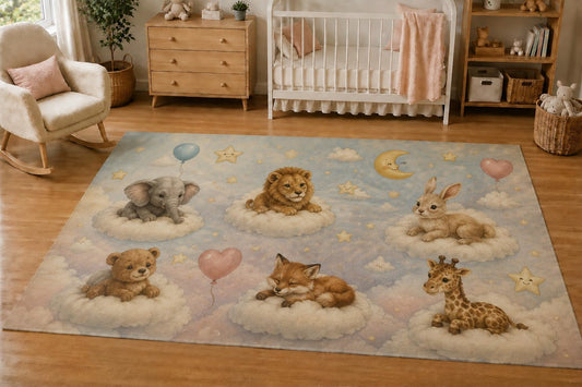ICE ARMOR 5' x 7' Baby Animals Sleeping on Clouds Area Rug, Soft Low Pile Indoor Rug with Non-Slip Silicone Backing, Nursery, Kids Room, Playroom, Kids & Pets, Sky Blue