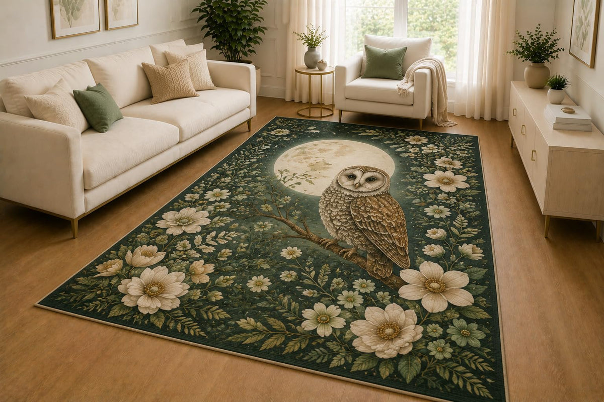 ICE ARMOR 5' x 7' Moonlit Owl Floral Area Rug for Living Room, Soft Low Pile Indoor Rug with Non-Slip Silicone Backing, Woodland Carpet for Bedroom, Office, Family Room, Kids & Pets, Green Ivory