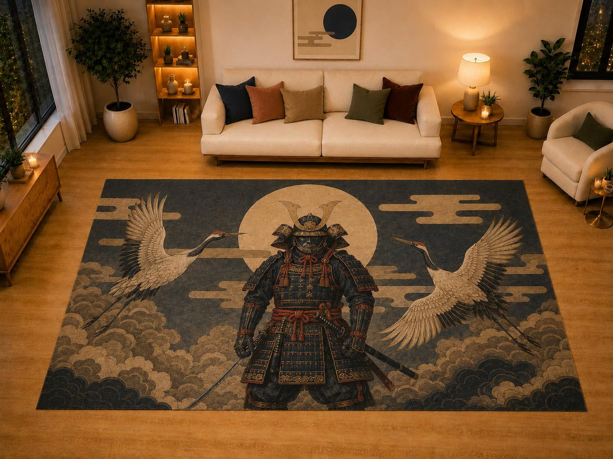 ICE ARMOR "Ultra Light Weight Large 6'7" x 9'10" Crane Armor Warrior Area Rug for Living Room Bedroom Dining Area, Soft Low Pile Non-Slip Backing, Beige Blue Red Eastern Decor